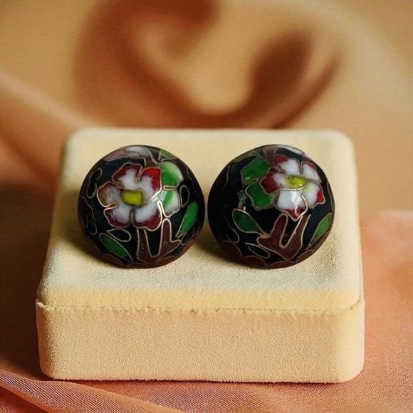 Unique Vintage Jewelry - Vintage Pink Lotus Cloisonne Earrings Black Cobalt Floral Stud Jewelry